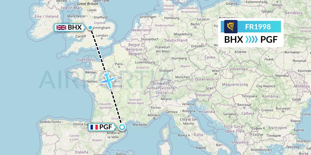FR1998 Ryanair Flight Map: Birmingham to Perpignan