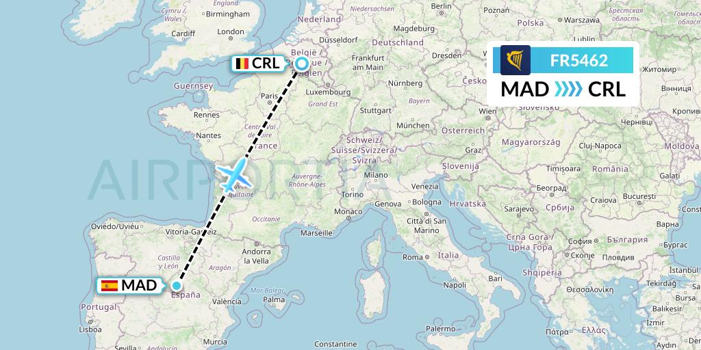 FR5462 Ryanair Flight Map: Madrid to Brussels