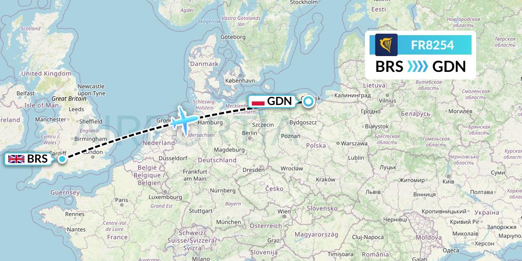 FR8254 Ryanair Flight Map: Bristol to Gdansk