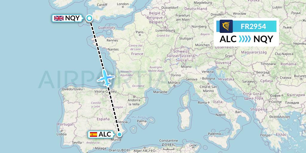 FR2954 Ryanair Flight Map: Alicante to Newquay