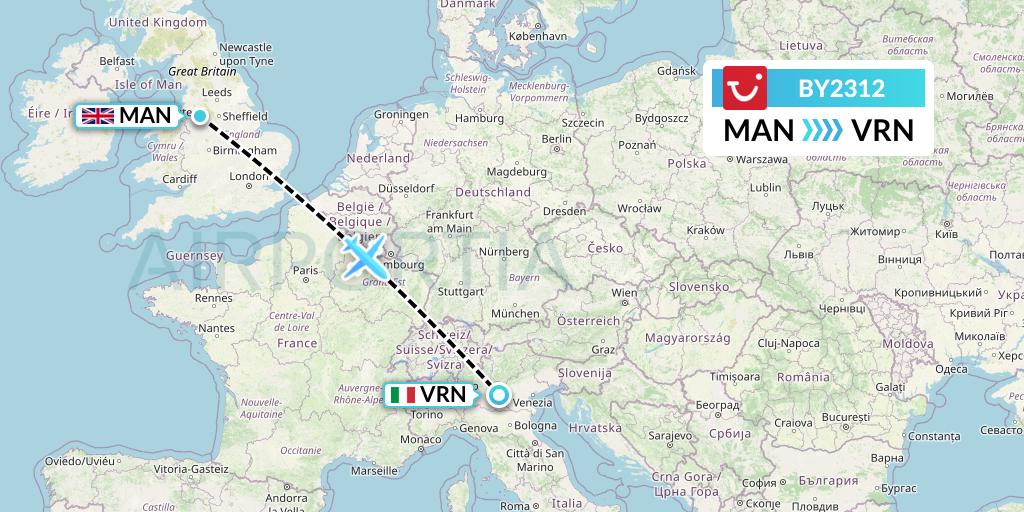 BY2312 TUI Airways Flight Map: Manchester to Verona