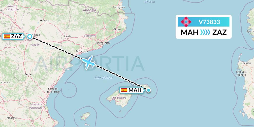 V73833 Volotea Flight Map: Mahon to Zaragoza