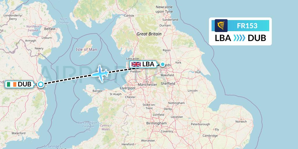 FR153 Ryanair Flight Map: Leeds to Dublin