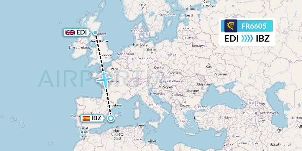 FR6605 Ryanair Flight Map: Edinburgh to Ibiza
