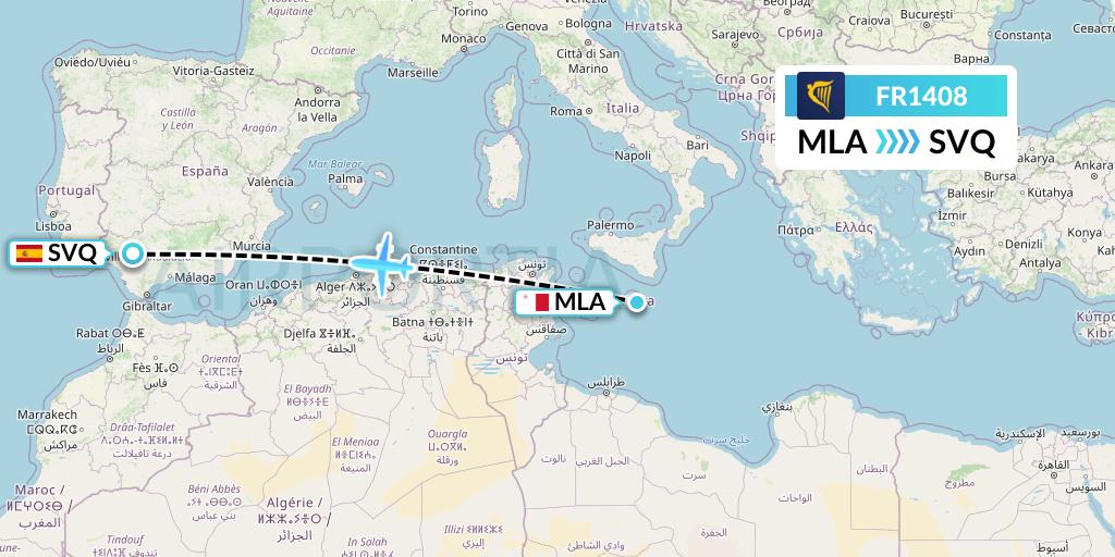 FR1408 Ryanair Flight Map: Malta to Seville