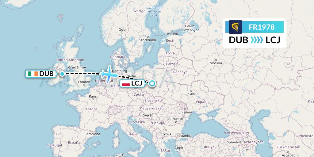 FR1978 Ryanair Flight Map: Dublin to Lodz