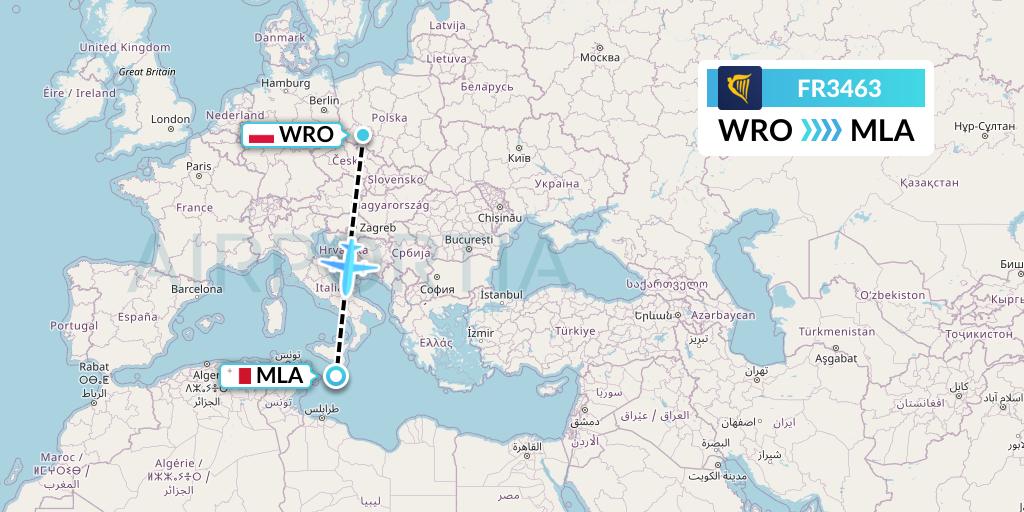 FR3463 Ryanair Flight Map: Wroclaw to Malta