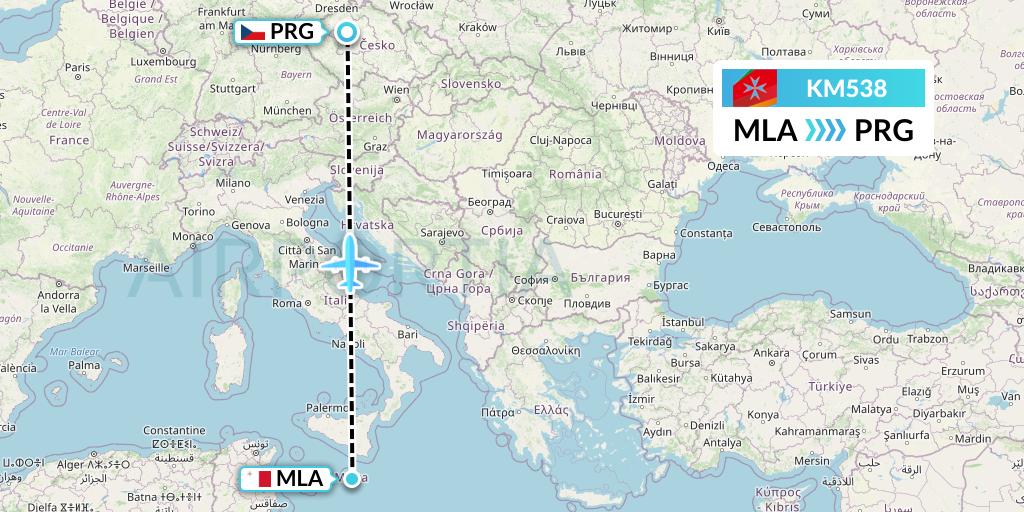 KM538 Air Malta Flight Map: Malta to Prague
