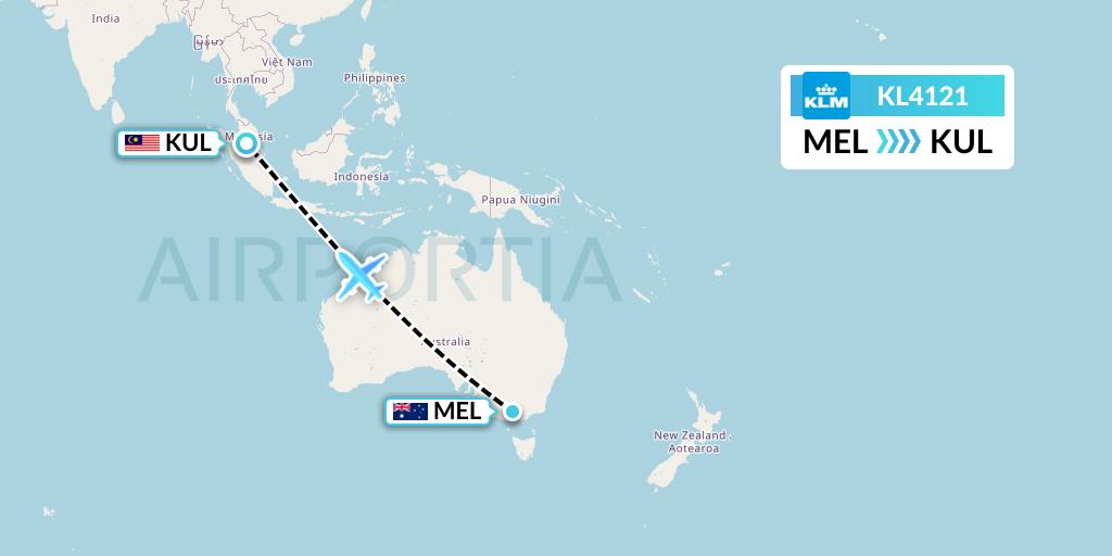 KL4121 KLM Flight Map: Melbourne to Kuala Lumpur