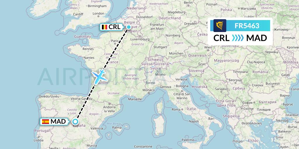 FR5463 Ryanair Flight Map: Brussels to Madrid