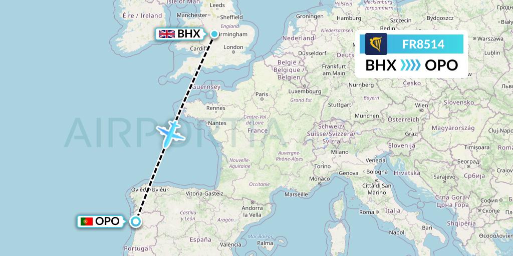 FR8514 Ryanair Flight Map: Birmingham to Porto