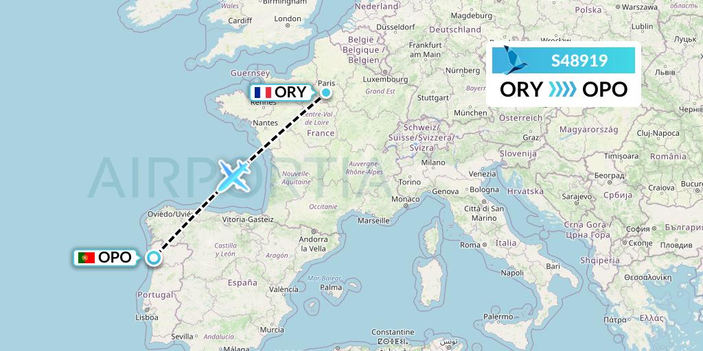 S48919 Azores Airlines Flight Map: Paris to Porto