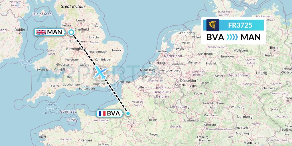 FR3725 Ryanair Flight Map: Paris to Manchester