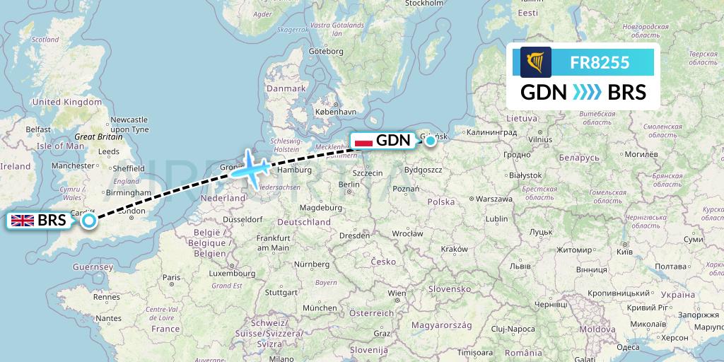 FR8255 Ryanair Flight Map: Gdansk to Bristol