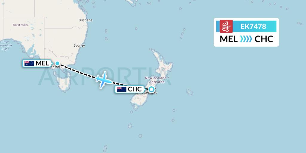 EK7478 Emirates Flight Map: Melbourne to Christchurch