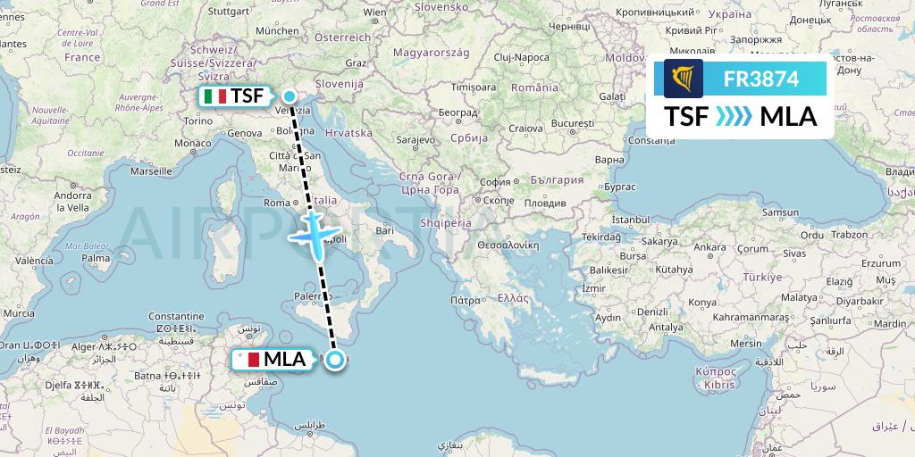 FR3874 Ryanair Flight Map: Treviso to Malta