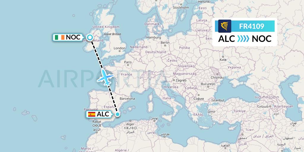 FR4109 Ryanair Flight Map: Alicante to Knock
