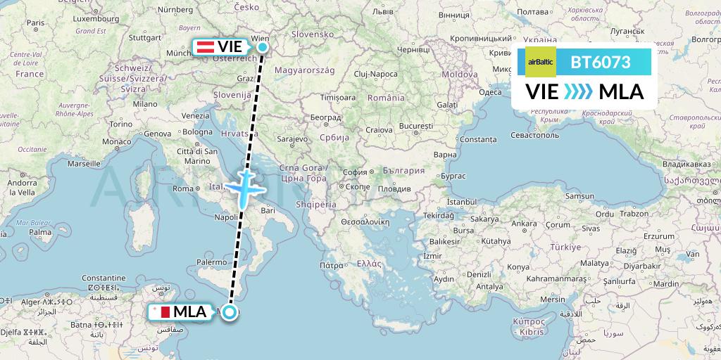 BT6073 Air Baltic Flight Map: Vienna to Malta