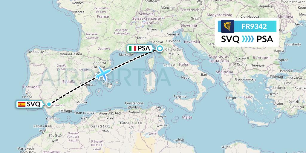 FR9342 Ryanair Flight Map: Seville to Pisa