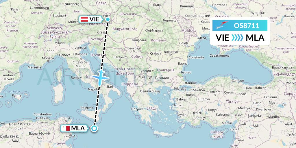 OS8711 Austrian Airlines Flight Map: Vienna to Malta