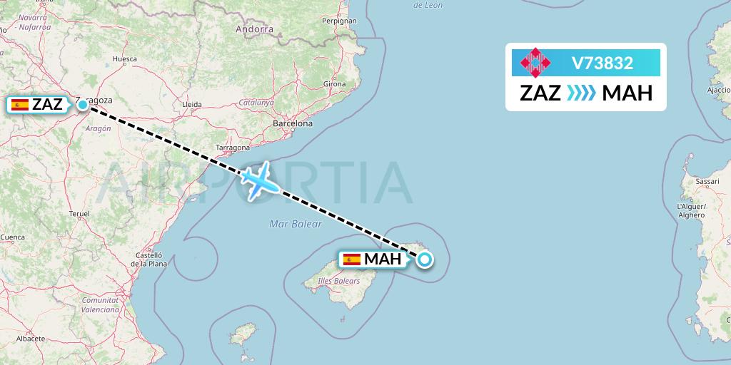 V73832 Volotea Flight Map: Zaragoza to Mahon