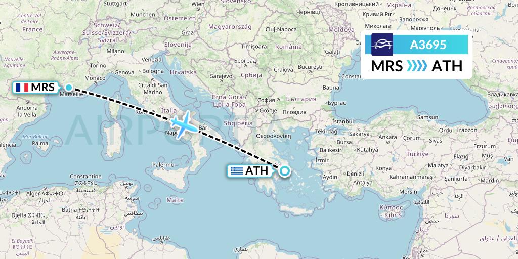 A3695 Aegean Airlines Flight Map: Marseille to Athens