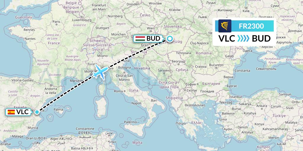 FR2300 Ryanair Flight Map: Valencia to Budapest