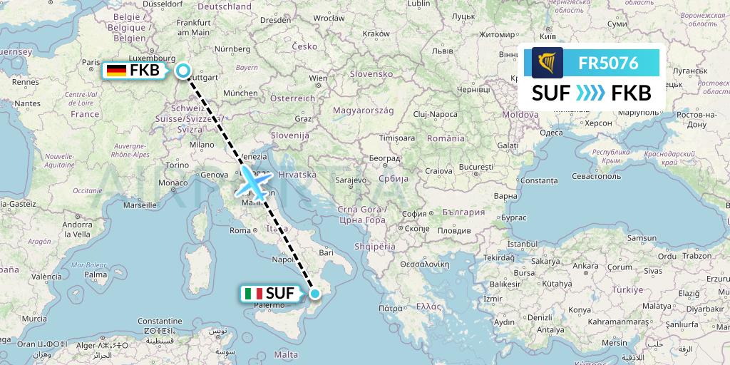 FR5076 Ryanair Flight Map: Lamezia Terme to Karlsruhe/Baden-Baden