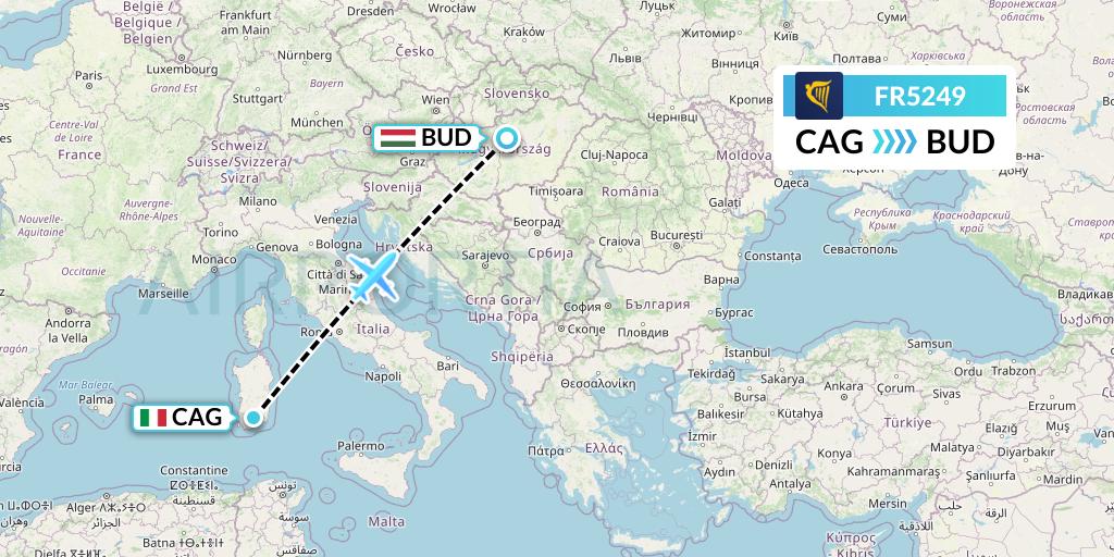 FR5249 Ryanair Flight Map: Cagliari to Budapest