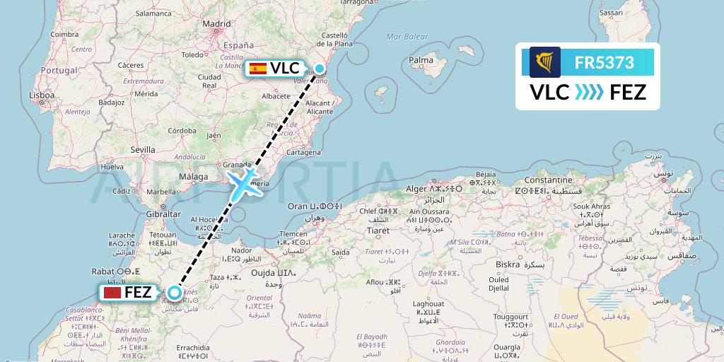 FR5373 Ryanair Flight Map: Valencia to Fes