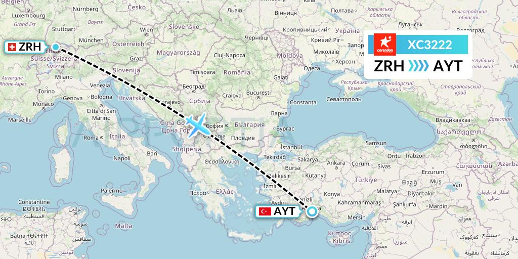 XC3222 Corendon Airlines Flight Map: Zurich to Antalya