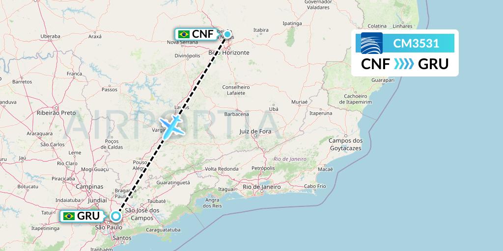 CM3531 Copa Airlines Flight Map: Belo Horizonte to Sao Paulo
