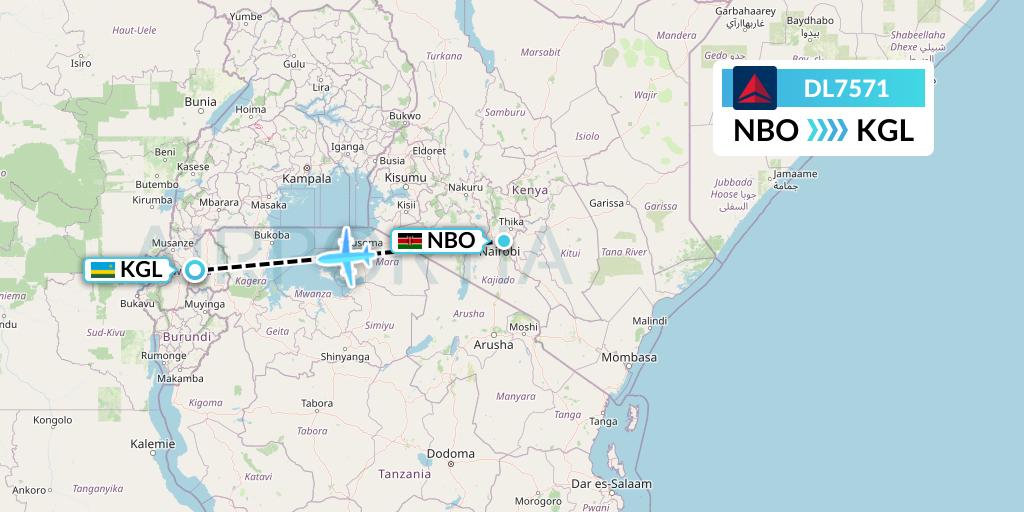 DL7571 Delta Air Lines Flight Map: Nairobi to Kigali
