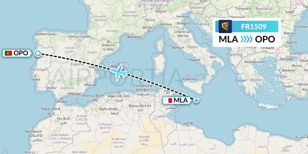 FR1509 Ryanair Flight Map: Malta to Porto