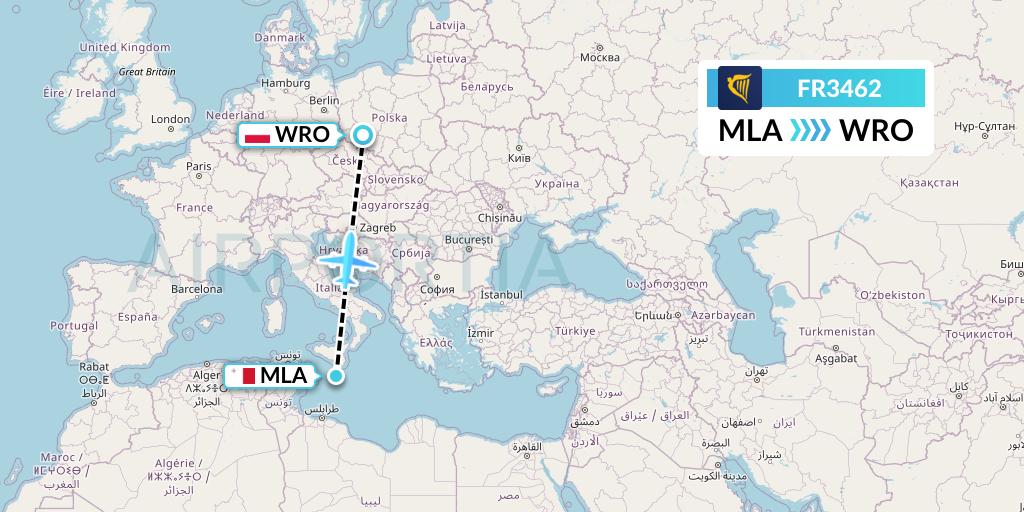 FR3462 Ryanair Flight Map: Malta to Wroclaw