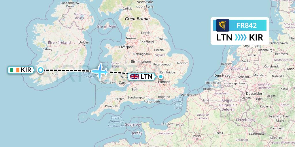 FR842 Ryanair Flight Map: London to Kerry