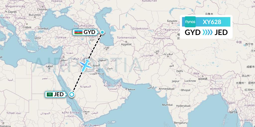 XY628 Flynas Flight Map: Baku to Jeddah