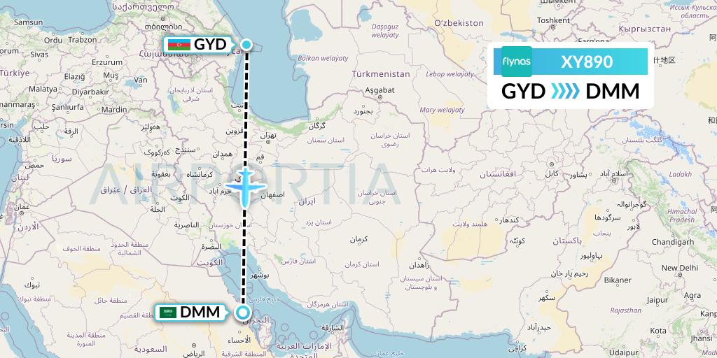 XY890 Flynas Flight Map: Baku to Dammam