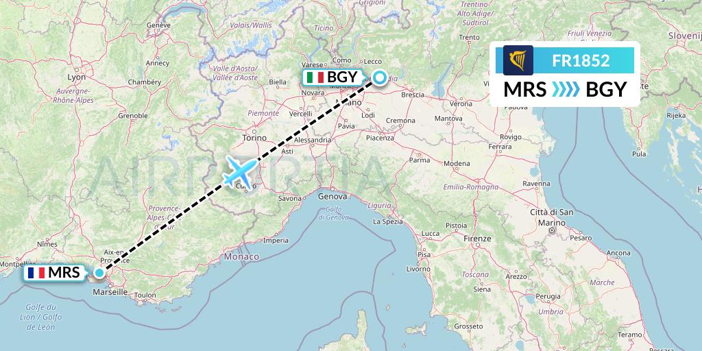 FR1852 Ryanair Flight Map: Marseille to Milan