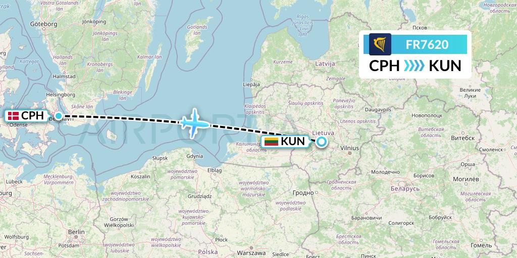 FR7620 Ryanair Flight Map: Copenhagen to Kaunas