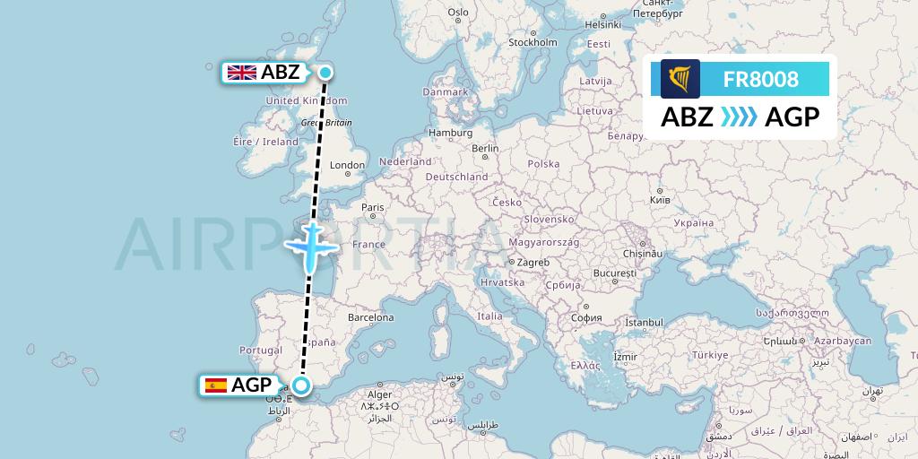 FR8008 Ryanair Flight Map: Aberdeen to Malaga