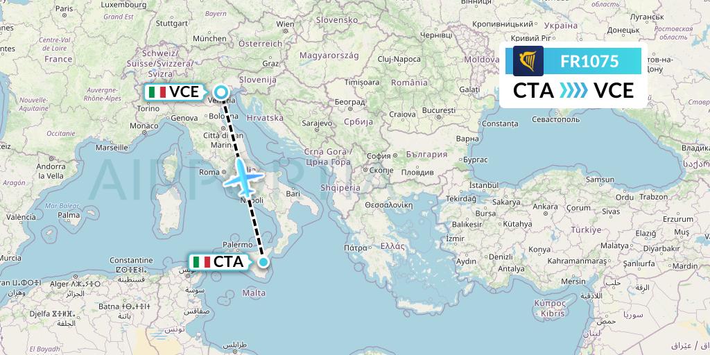 FR1075 Ryanair Flight Map: Catania to Venice