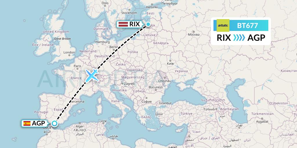 BT677 Air Baltic Flight Map: Riga to Malaga