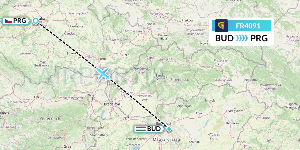 FR4091 Ryanair Flight Map: Budapest to Prague