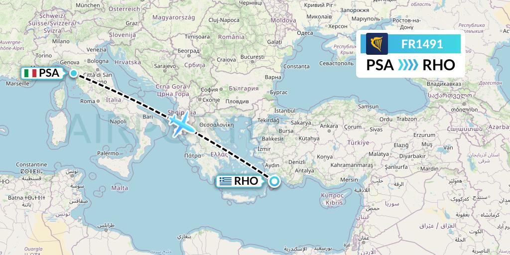 FR1491 Ryanair Flight Map: Pisa to Rhodes