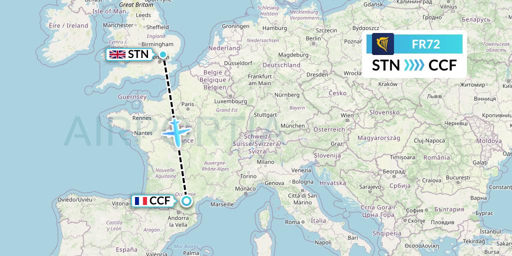 FR72 Ryanair Flight Map: London to Carcassonne