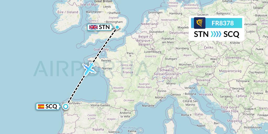 FR8378 Ryanair Flight Map: London to Santiago