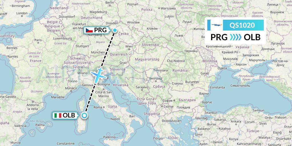 QS1020 Smartwings Flight Map: Prague to Olbia