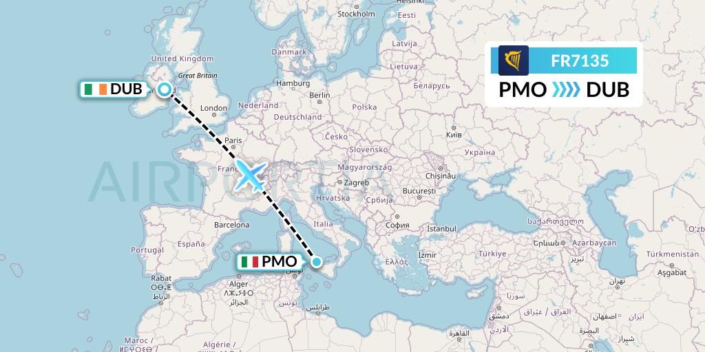 FR7135 Ryanair Flight Map: Palermo to Dublin