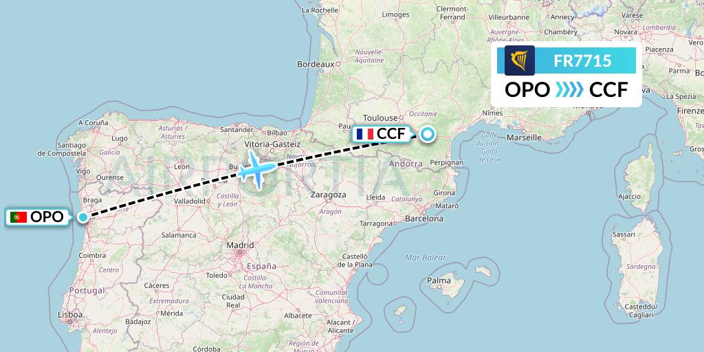 FR7715 Ryanair Flight Map: Porto to Carcassonne